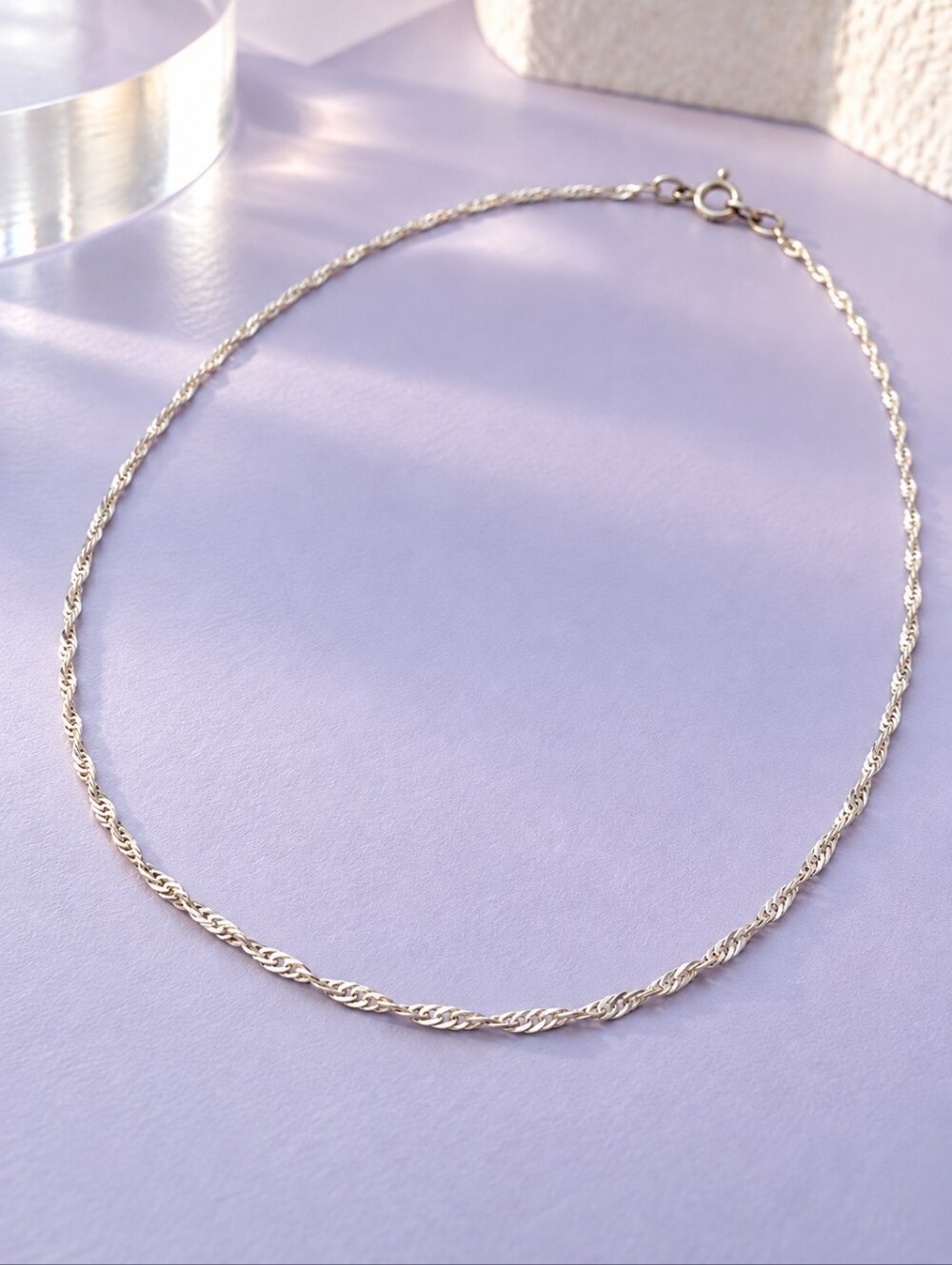 Silver Tone 2mm Singapore Twisted Chain Necklace 17" Minimalist